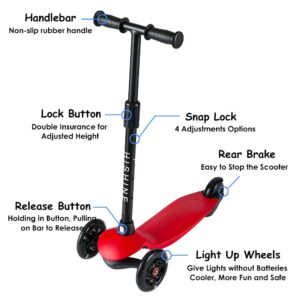 Kick Scooter for Kids Boys Girls, 3 Wheel Scooter for Toddler for 2-5 Years Old, Adjustable Height, Light Up Flashing Wheels, Removable Handlebar, Lean to Steer, Easy to Carry (Red)