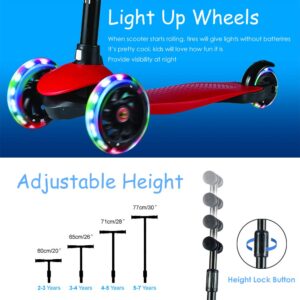 Kick Scooter for Kids Boys Girls, 3 Wheel Scooter for Toddler for 2-5 Years Old, Adjustable Height, Light Up Flashing Wheels, Removable Handlebar, Lean to Steer, Easy to Carry (Red)