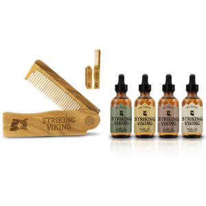 Striking Viking Beard Folding Wooden Comb and 4 Pack Beard Oil for Men