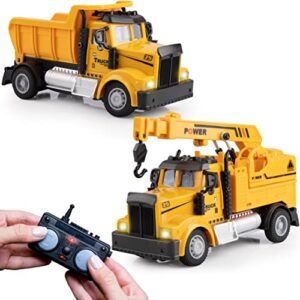 force1 mini construction rc trucks for kids - 2 pack remote control construction truck set with mini rc toy crane and mini dump truck toy, 2.4ghz remote controls, bright leds, rc car batteries, yellow