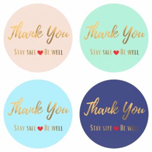 mobiusea party thank you stickers roll | stay safe and be well | 1.5 inch | waterproof | 500 labels for small business, packaging, mailer seal stickers |4 pastel colors with gold foil designs