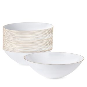 plasticpro [16 oz 20 count] white plastic floral design party soup bowls with gold rim premium heavyweight elegant disposable tableware dishes