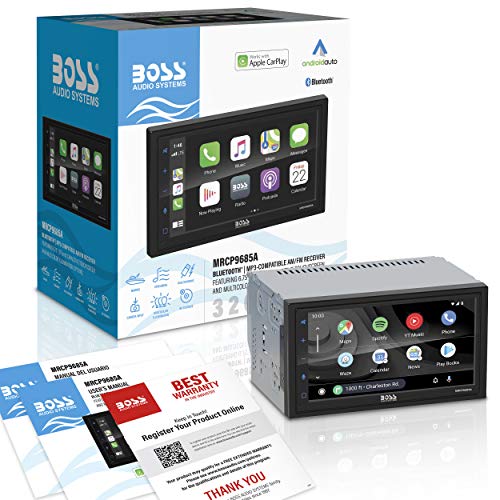 BOSS Audio Systems Marine Rated Weatherproof MRCP9685A Apple CarPlay Android Auto Multimedia Player - Double Din, 6.75 Inch LCD Touchscreen, Bluetooth, USB Port, A/V Input, AM/FM, No CD-DVD