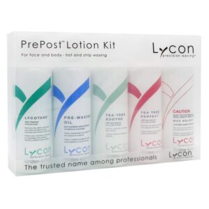 lycon pre post lotion kit, waxing kit, pre waxing products, pre and post wax treatment, waxing supplies, wax lotion and oil, after waxing skin care set includes 5 x 125ml bottles