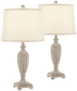 regency hill traditional country cottage table lamps 27" tall set of 2 led light oak carved wood off white shade decor for living room bedroom house bedside nightstand home office entryway