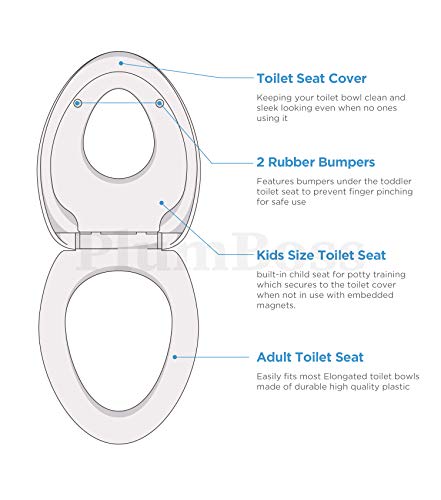 PlumBoss E2000 Elongated Toilet Seat with Built in Potty Training Toddlers Seat Magnetic Kids Seat Fits both Adult and Child Plastic Off white