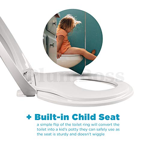 PlumBoss E2000 Elongated Toilet Seat with Built in Potty Training Toddlers Seat Magnetic Kids Seat Fits both Adult and Child Plastic Off white