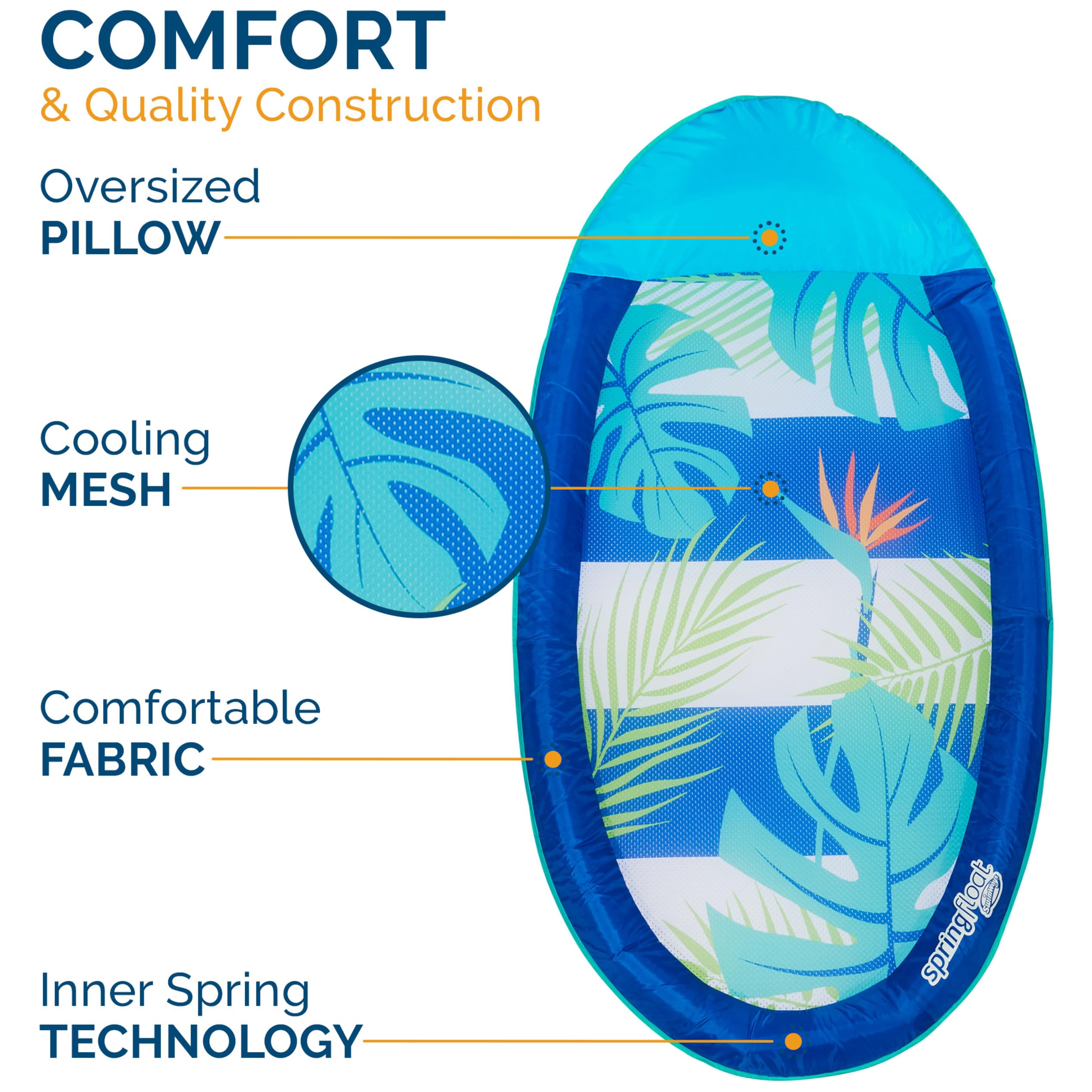 SwimWays Spring Float Original Pool Lounge Chair with Hyper-Flate Valve, Blue Palm