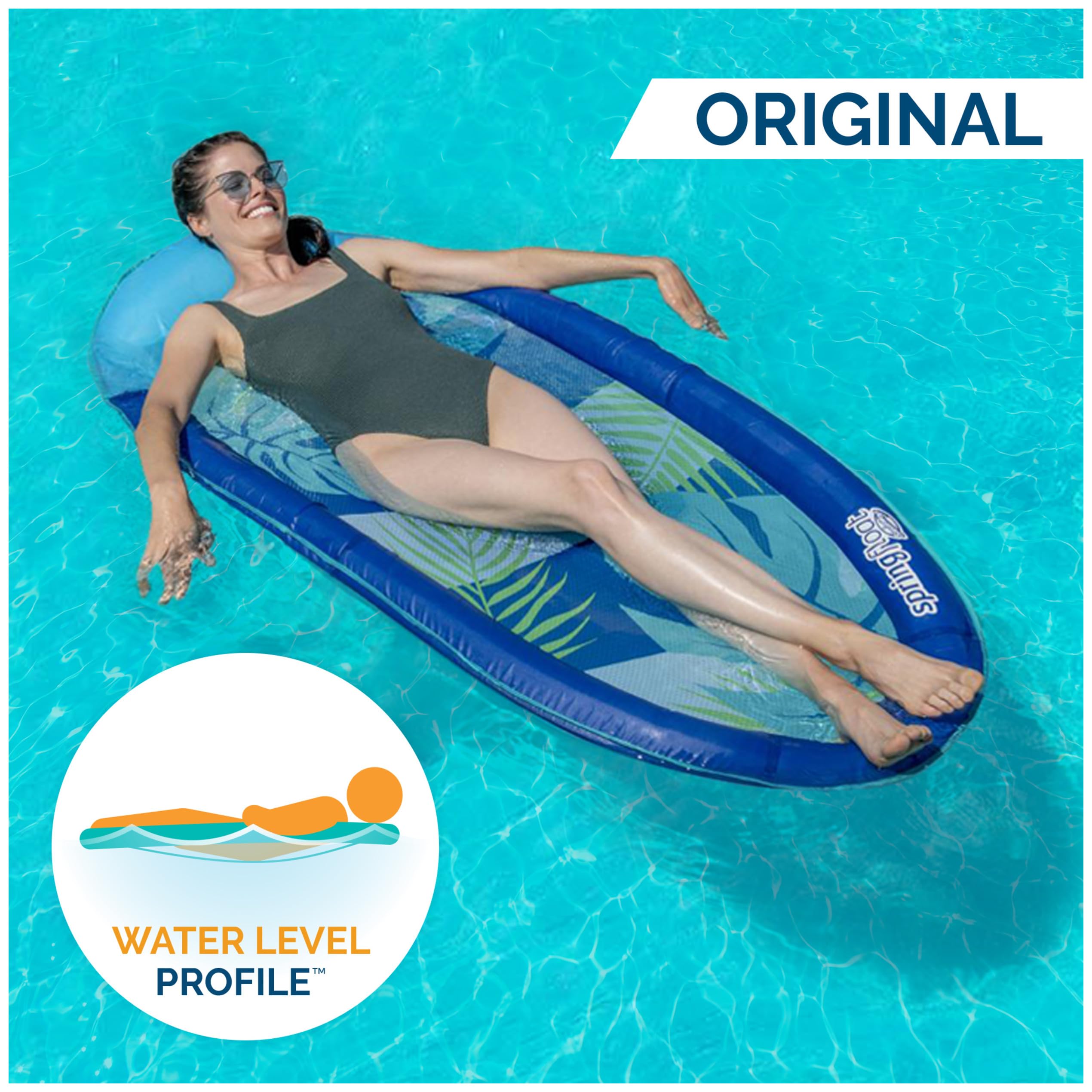 SwimWays Spring Float Original Pool Lounge Chair with Hyper-Flate Valve, Blue Palm