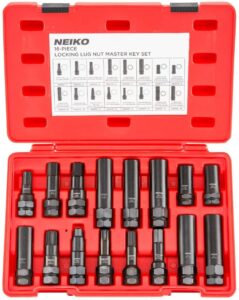 neiko 02457a lug-nut key set, wheel-lock removal tool kit for aftermarket and factory wheel tire keys, sae and metric lug sockets, 16 pieces