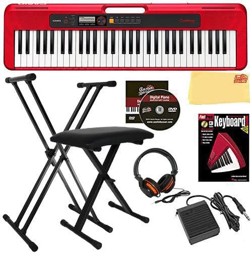 Casio Casiotone CT-S200 61-Key Portable Digital Keyboard - Red Bundle with Adjustable Stand, Bench, Headphone, Sustain Pedal, Instructional Book, Austin Bazaar Instructional DVD, and Polishing Cloth