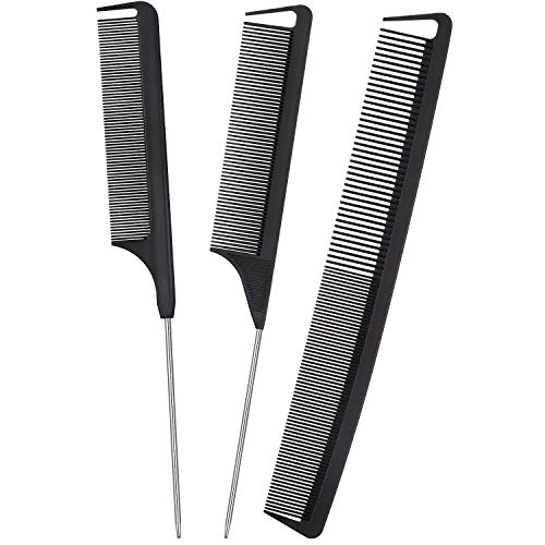 3 Pieces Rat Tail Comb Carbon Fiber Teasing Combs Parting Braids Stainless Steel Pintail Comb Heat Resistant Teasing Comb for Hair Salons