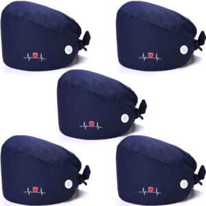 satinior womens 5 pieces bouffant buttons sweatband adjustable tie back cap, navy blue, medium