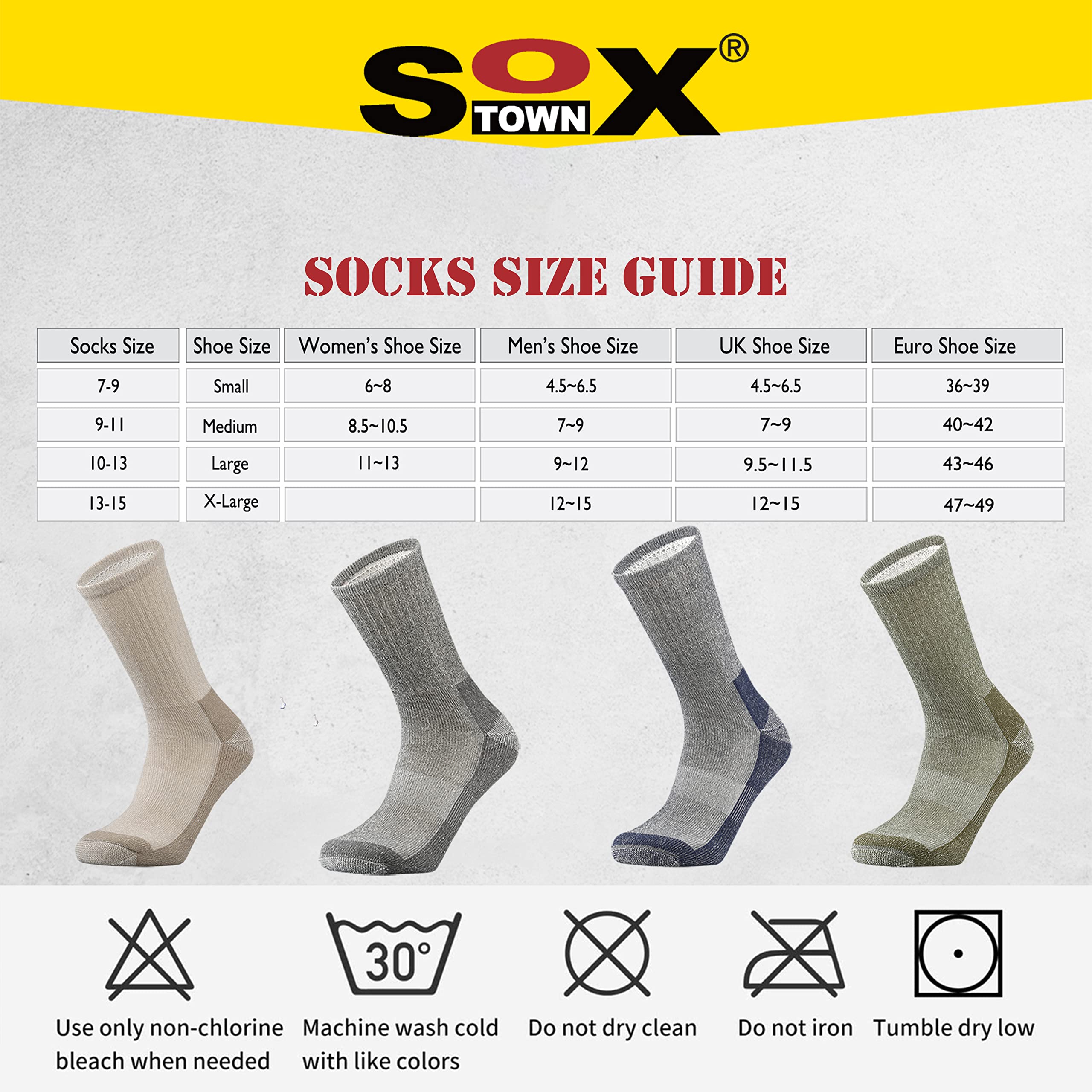 SOX TOWN Men's Merino Wool Cushion Crew Socks Moisture Wicking Control for Outdoor Hiking Work Boot Thermal Warm All Seasons(Mixcolor1 XL)