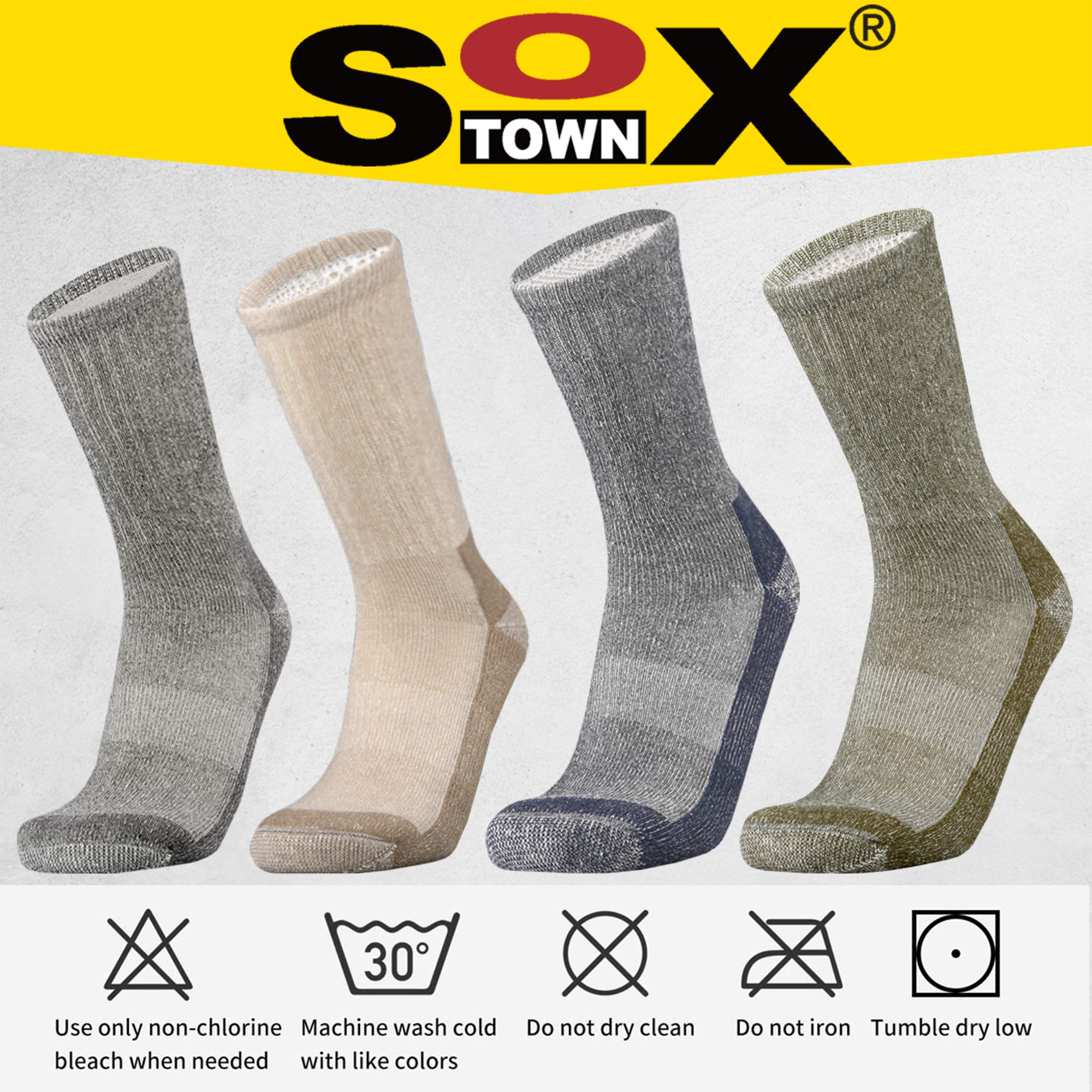 SOX TOWN Men's Merino Wool Cushion Crew Socks Moisture Wicking Control for Outdoor Hiking Work Boot Thermal Warm All Seasons(Mixcolor1 XL)