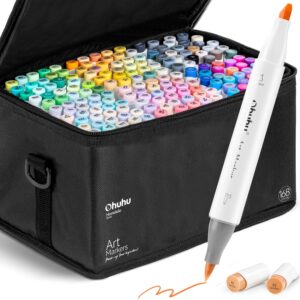 Ohuhu Alcohol Brush Markers 168-color Art Marker Set Double Tipped Alcohol-based Markers for Artist Adults Coloring Illustration- Brush & Chisel -w/ 1 Alcohol Marker Blender- Honolulu - Refillable Ink