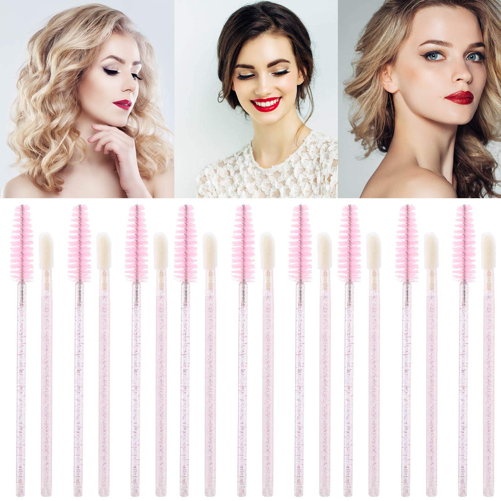 Tbestmax 200 Disposable Mascara Wand and Lipstick Applicator Wands Crystal Lip Gloss Brush Lash Spoolies for Eyelash Extensions (Pink)