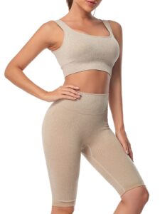 supjade buscando ribbed workout outfits sets for women 2 piece seamless high waist athletic leggings +bras yoga outfits two piece (light purple, large)