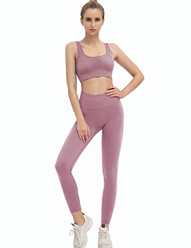 SUPJADE Buscando Ribbed Workout Outfits Sets for Women 2 Piece Seamless High Waist Athletic Leggings +Bras Yoga Outfits Two Piece (Light Purple, Large)