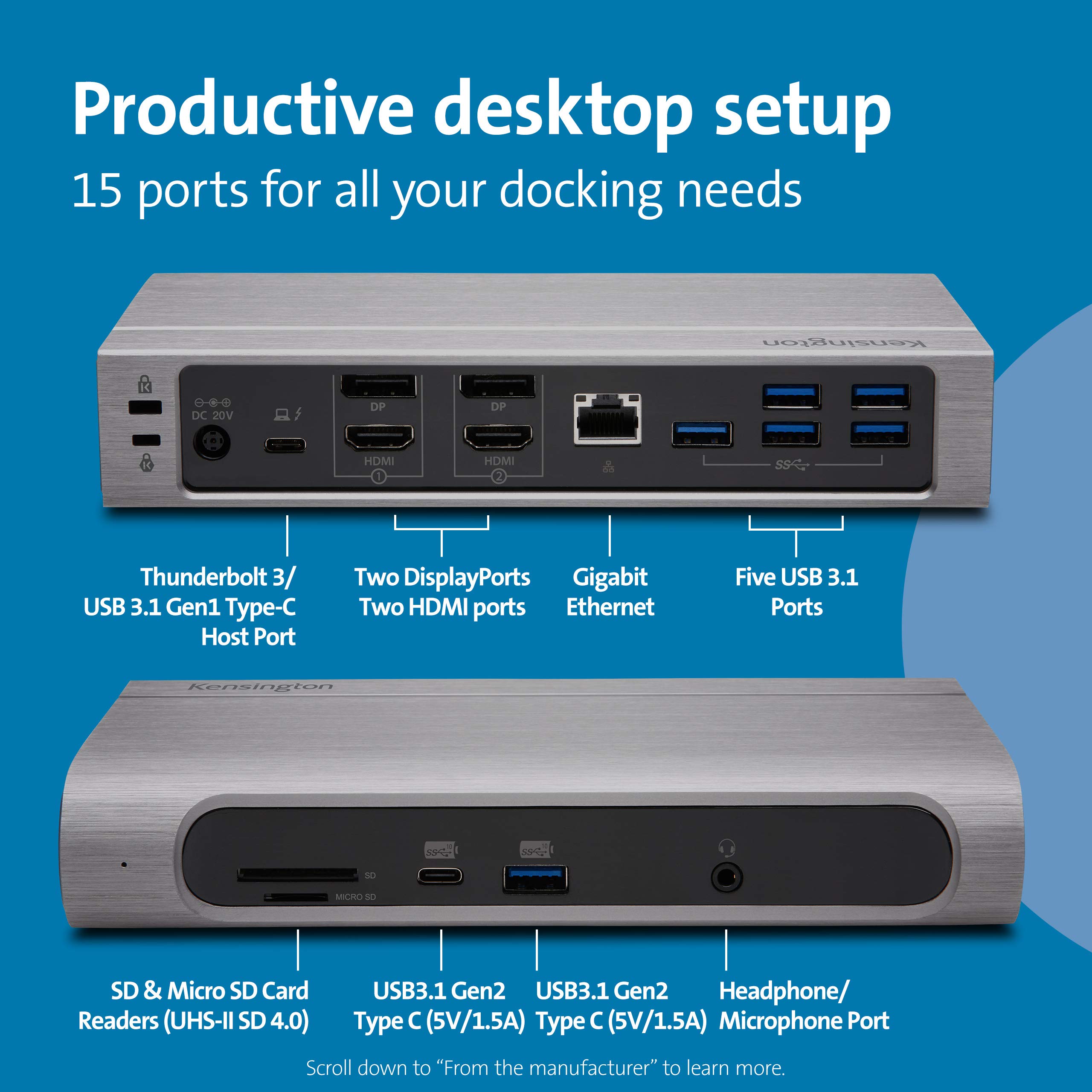 Kensington SD5600T 14-in-1 Thunderbolt 3 Dock USB-C - Compatible with Thunderbolt 4, Mac and Windows, 96W Charging, Dual 4K@60Hz, 40Gbps Transfer Speeds, HDMI 2.0 and DisplayPort, Ethernet (K34009US)