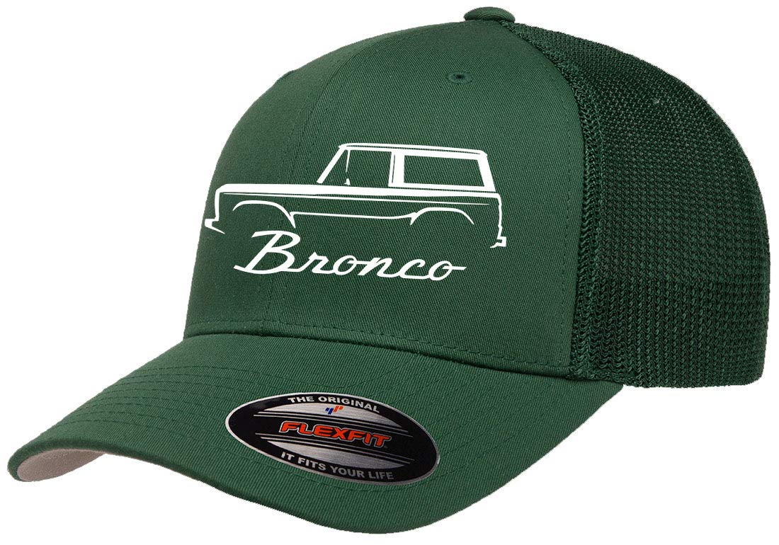 1966-77 Ford Bronco Truck Outline Design Flexfit Trucker Mesh Fitted Cap Forest