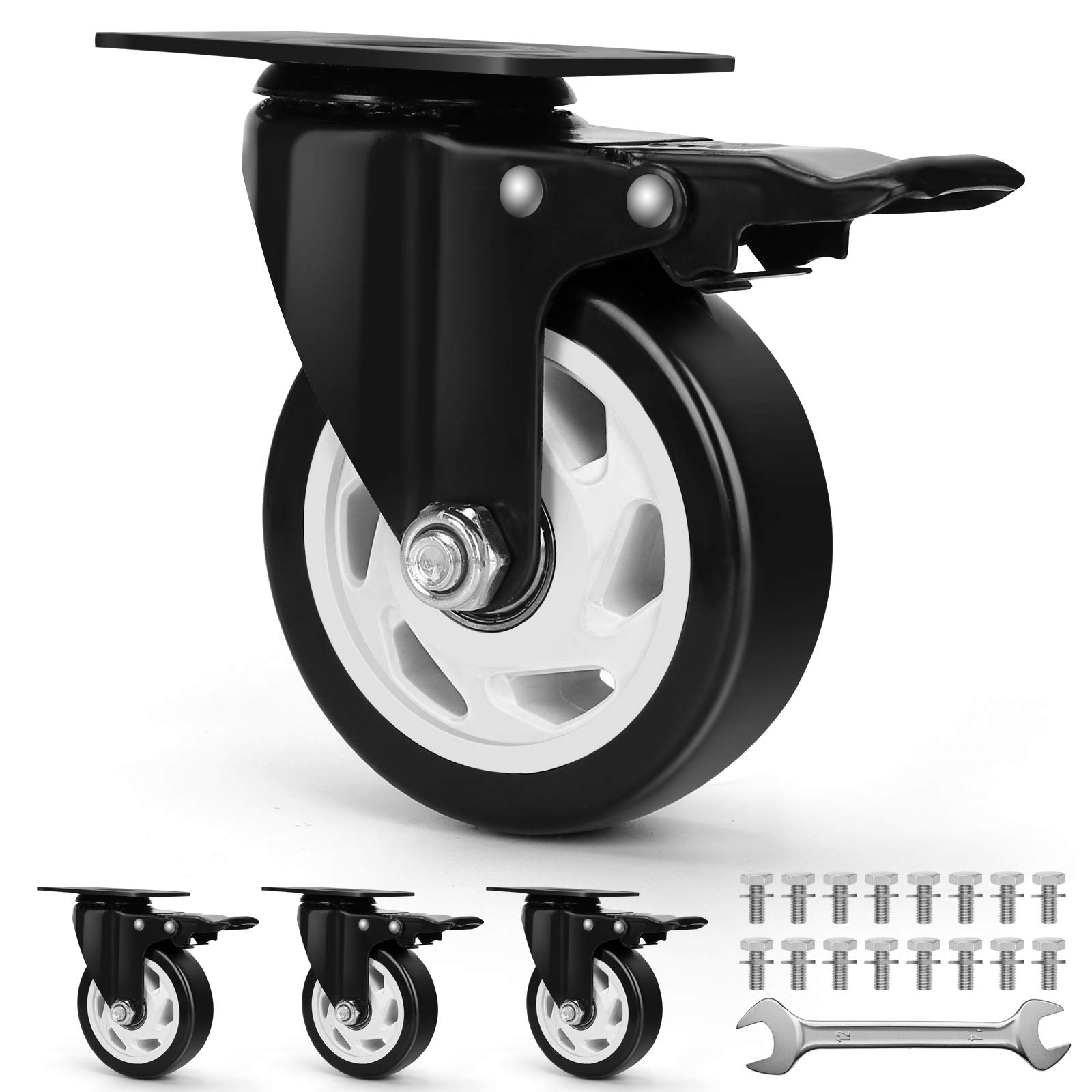 Workbench Casters - Heavy Duty Casters Set of 4 with Brake - 4-inch Swivel Casters for Furniture Pieces - Noiseless Industrial Casters with Polyurethane Rubber Coating - 1200 Lbs Total Capacity