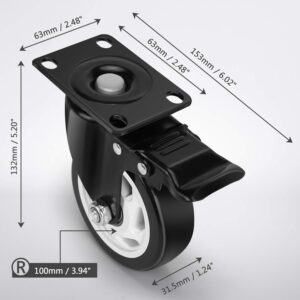 Workbench Casters - Heavy Duty Casters Set of 4 with Brake - 4-inch Swivel Casters for Furniture Pieces - Noiseless Industrial Casters with Polyurethane Rubber Coating - 1200 Lbs Total Capacity