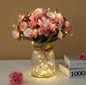 artificial led pink rose flowers with glass vase, flower arrangement for table centerpiece, home office wedding decoration