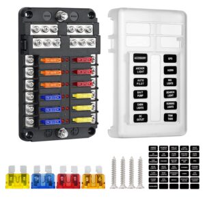deyooxi 12 way 12v blade fuse block,12 circuit atc/ato fuse box holder with led indicator waterpoof cover for 12v/24v automotive truck boat marine rv van vehicle (with 16 pcs fuse)