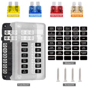 Deyooxi 12 Way 12V Blade Fuse Block,12 Circuit ATC/ATO Fuse Box Holder with LED Indicator Waterpoof Cover for 12V/24V Automotive Truck Boat Marine RV Van Vehicle (with 16 pcs Fuse)