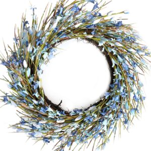 bibelot 18inch artificial forsythia flower wreath, all year around wreath for front door, wedding window home wall indoor front door decor (blue, 18in)
