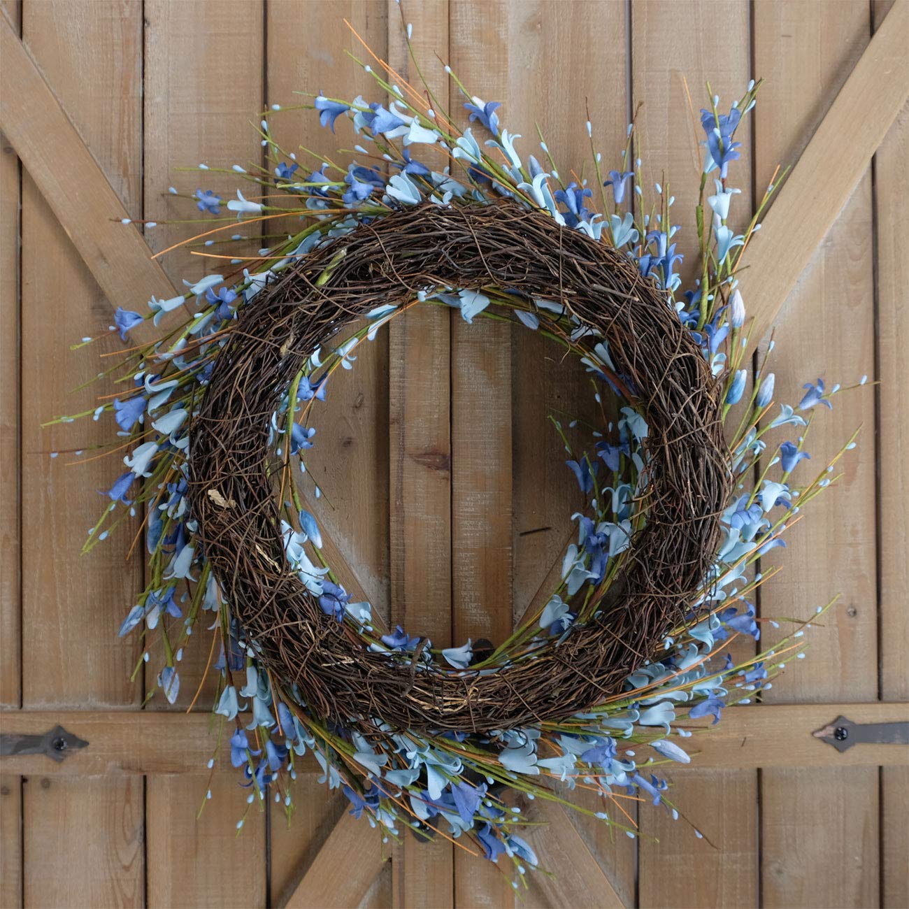 Bibelot 18inch Artificial Forsythia Flower Wreath, All Year Around Wreath for Front Door, Wedding Window Home Wall Indoor Front Door Decor (Blue, 18in)