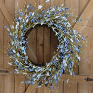 Bibelot 18inch Artificial Forsythia Flower Wreath, All Year Around Wreath for Front Door, Wedding Window Home Wall Indoor Front Door Decor (Blue, 18in)