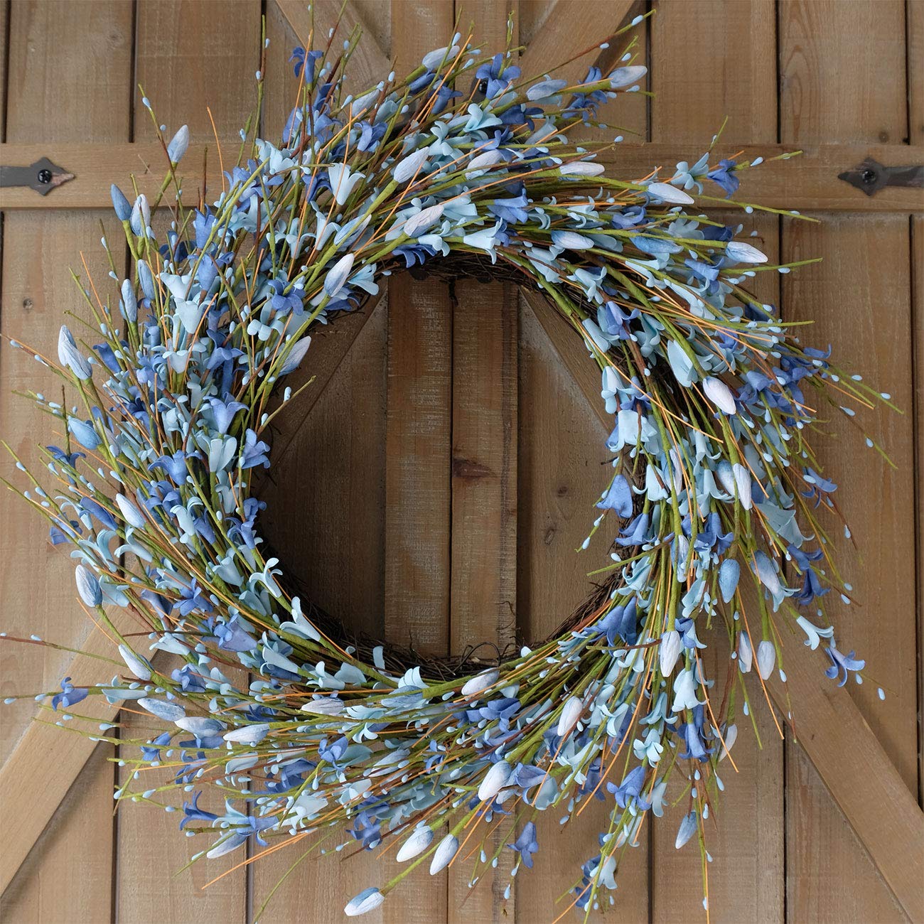 Bibelot 18inch Artificial Forsythia Flower Wreath, All Year Around Wreath for Front Door, Wedding Window Home Wall Indoor Front Door Decor (Blue, 18in)