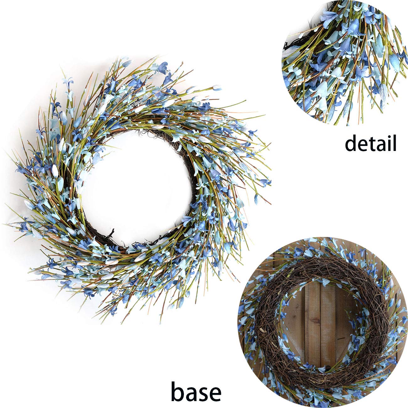 Bibelot 18inch Artificial Forsythia Flower Wreath, All Year Around Wreath for Front Door, Wedding Window Home Wall Indoor Front Door Decor (Blue, 18in)