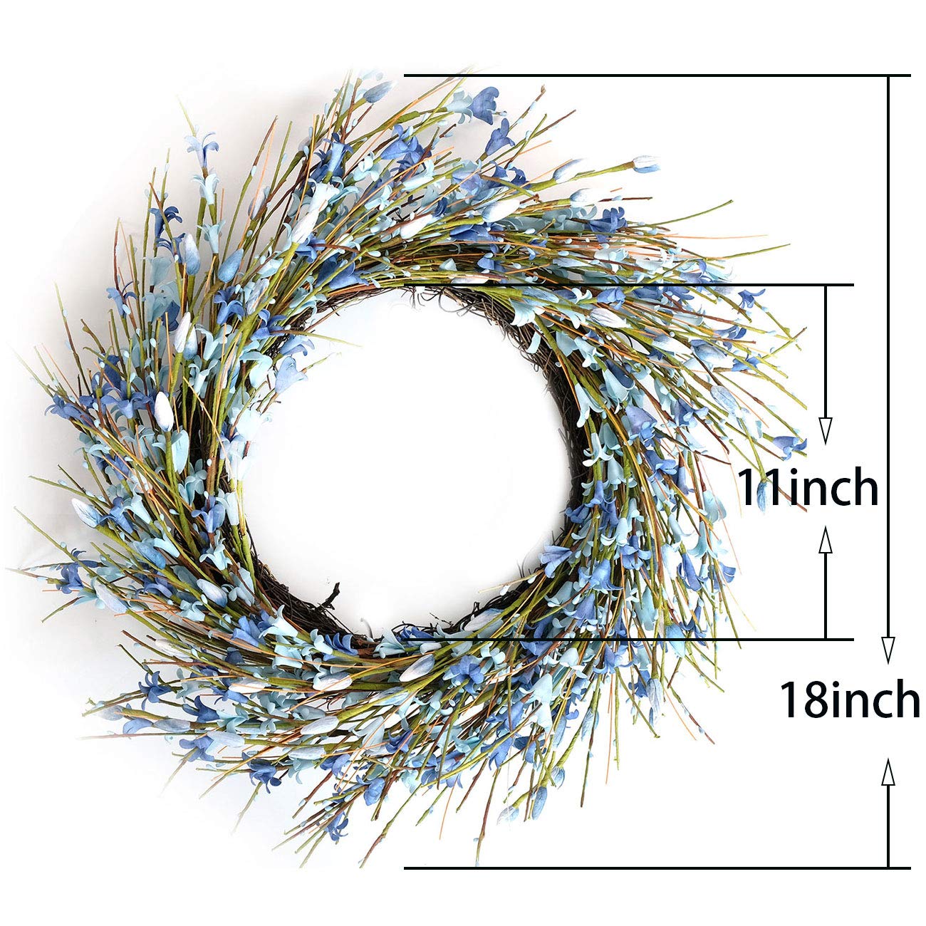Bibelot 18inch Artificial Forsythia Flower Wreath, All Year Around Wreath for Front Door, Wedding Window Home Wall Indoor Front Door Decor (Blue, 18in)