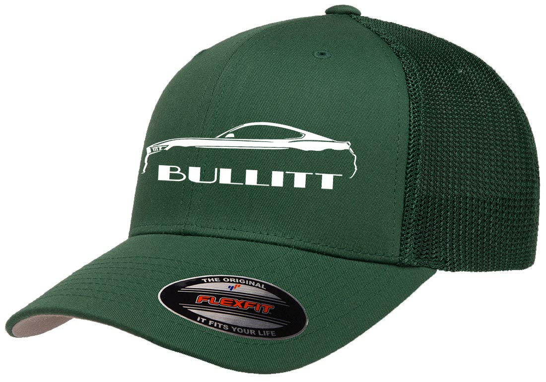 2019 2020 Bullitt Ford Mustang Outline Design Flexfit Trucker Mesh Fitted Cap Forest