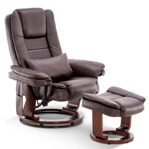 mcombo recliner with ottoman chair accent recliner chair with vibration massage, removable lumbar pillow, 360 degree swivel wood base, faux leather 9096 (dark brown)