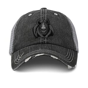 distressed trucker hat animal wildlife rhinoceros black rhino cotton for men & women strap closure gray design only
