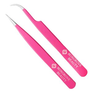 lash tweezers set of 2 stainless steel tweezers for eyelash extensions, straight and curved tip eyelash tweezers, false lash application tools (pack of 2, pink)