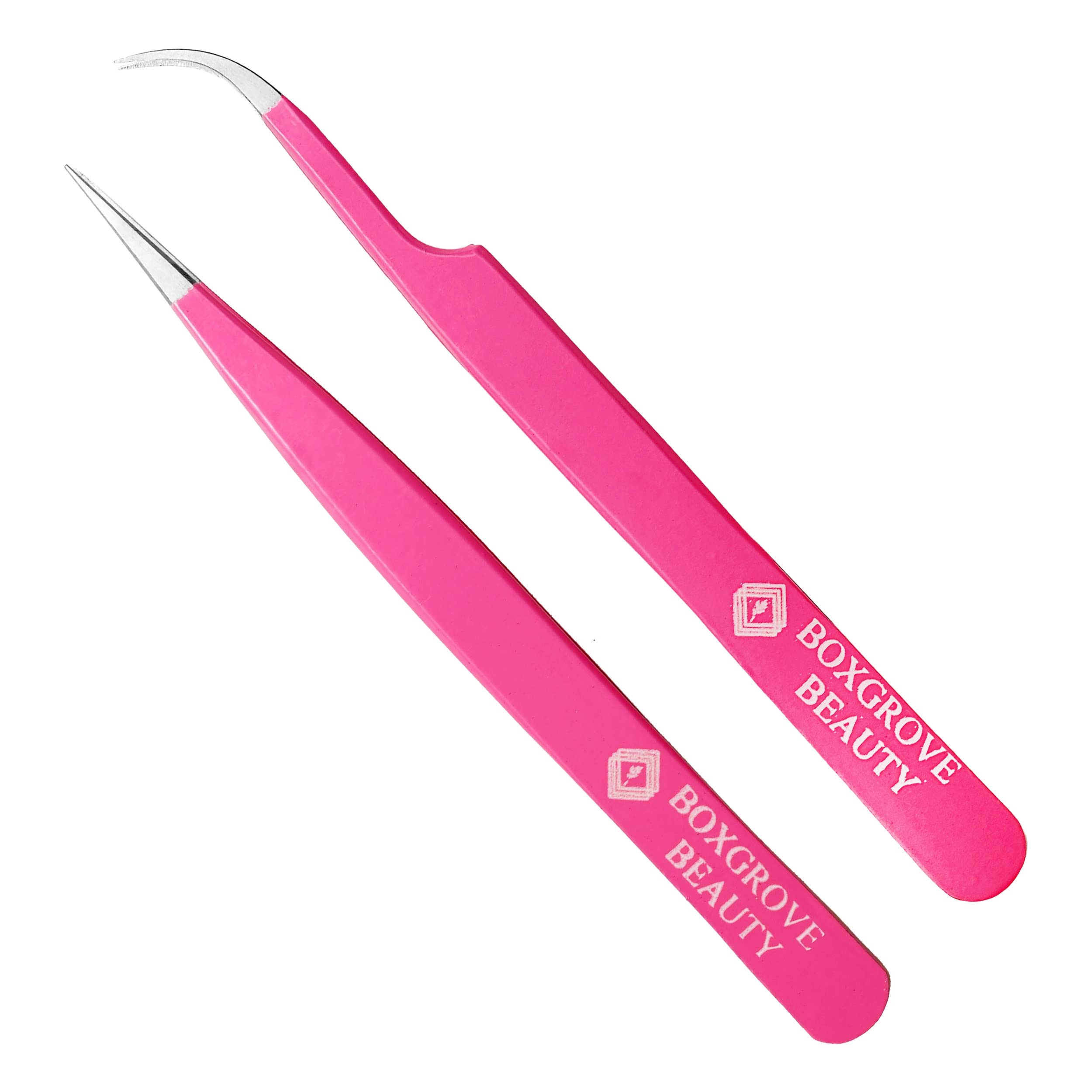 Lash Tweezers Set of 2 Stainless Steel Tweezers for Eyelash Extensions, Straight and Curved Tip Eyelash Tweezers, False Lash Application Tools (Pack of 2, Pink)