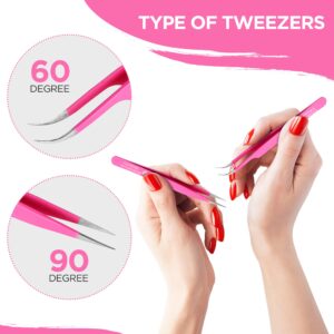 Lash Tweezers Set of 2 Stainless Steel Tweezers for Eyelash Extensions, Straight and Curved Tip Eyelash Tweezers, False Lash Application Tools (Pack of 2, Pink)