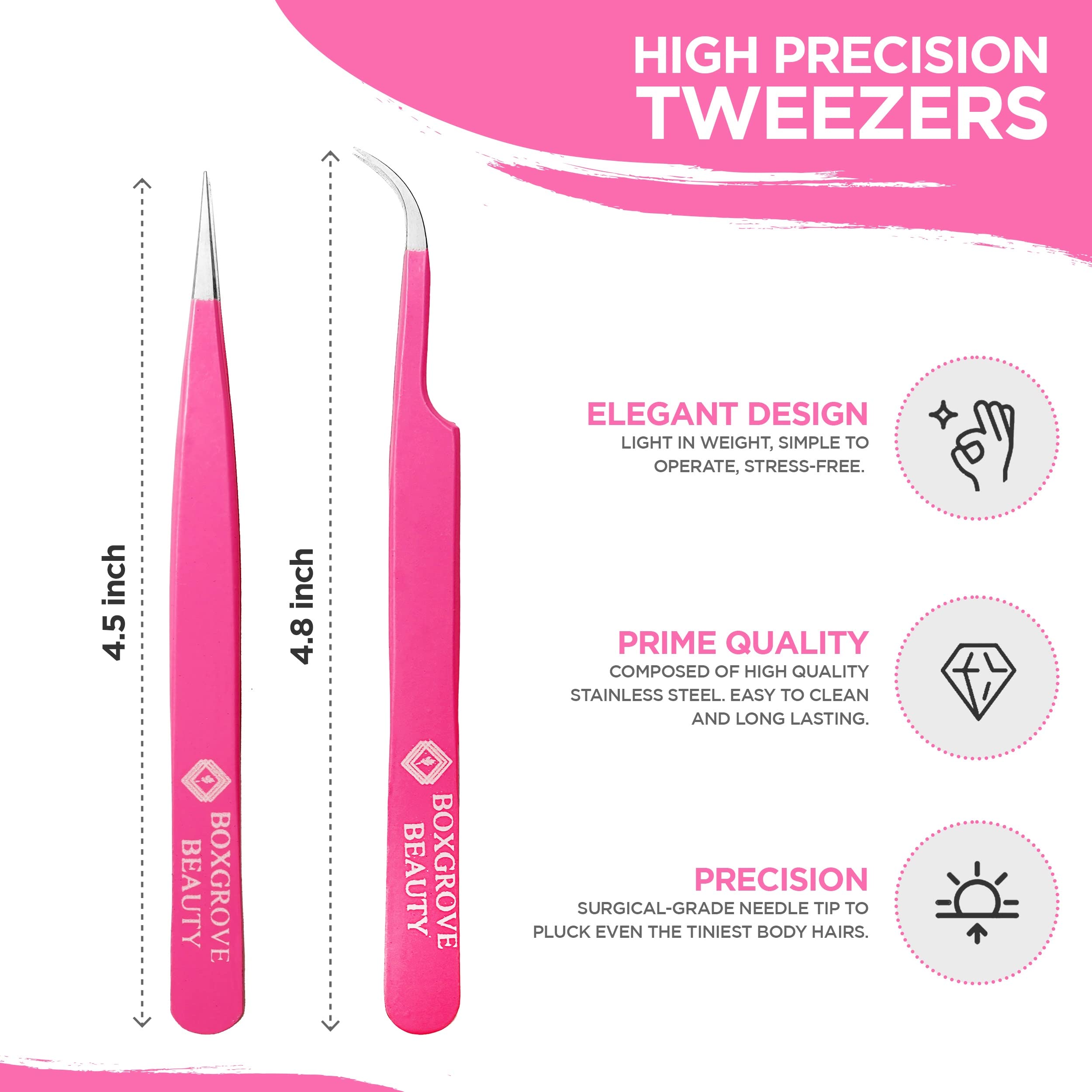 Lash Tweezers Set of 2 Stainless Steel Tweezers for Eyelash Extensions, Straight and Curved Tip Eyelash Tweezers, False Lash Application Tools (Pack of 2, Pink)