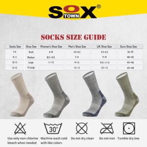 SOX TOWN Men's Merino Wool Cushion Crew Socks Moisture Wicking Control for Outdoor Hiking Work Boot Thermal Warm All Seasons(Mixcolor1 L)