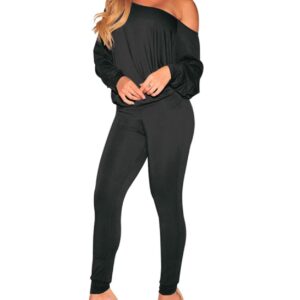 OLUOLIN Women's Sexy One Off Shoulder Long Sleeve Bodycon Pants Set Casual 2 Piece Outfits Tracksuit Stretchy Jumpsuit