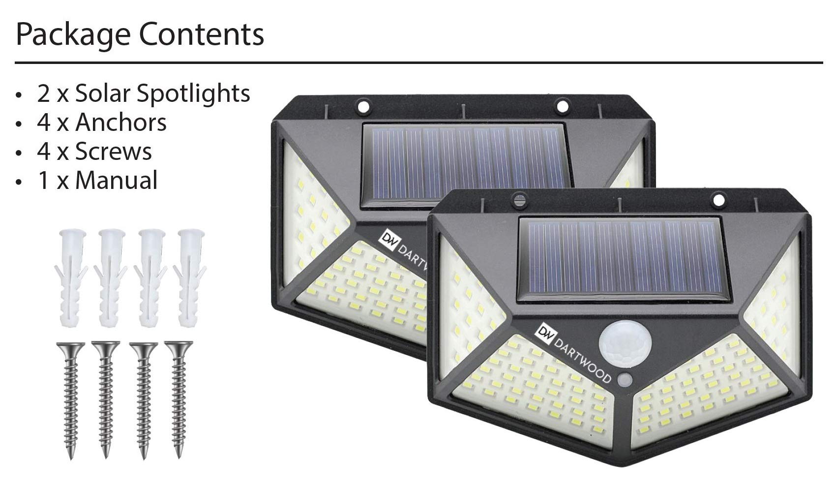 Dartwood 100 LED Solar Spotlight with Motion Sensor - 450 Lumens Weatherproof Spotlight - Give The Best Vision to Your Doorways in The Dark (2-Pack)