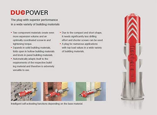 fischer DuoPower 3/16" x 1" S PH, Powerful Universal Plug with Panhead Screw, Intelligent 2-Component Technology for fastenings in Concrete, Bricks, Gypsum plasterboard, 50 Plugs & 50 Screws