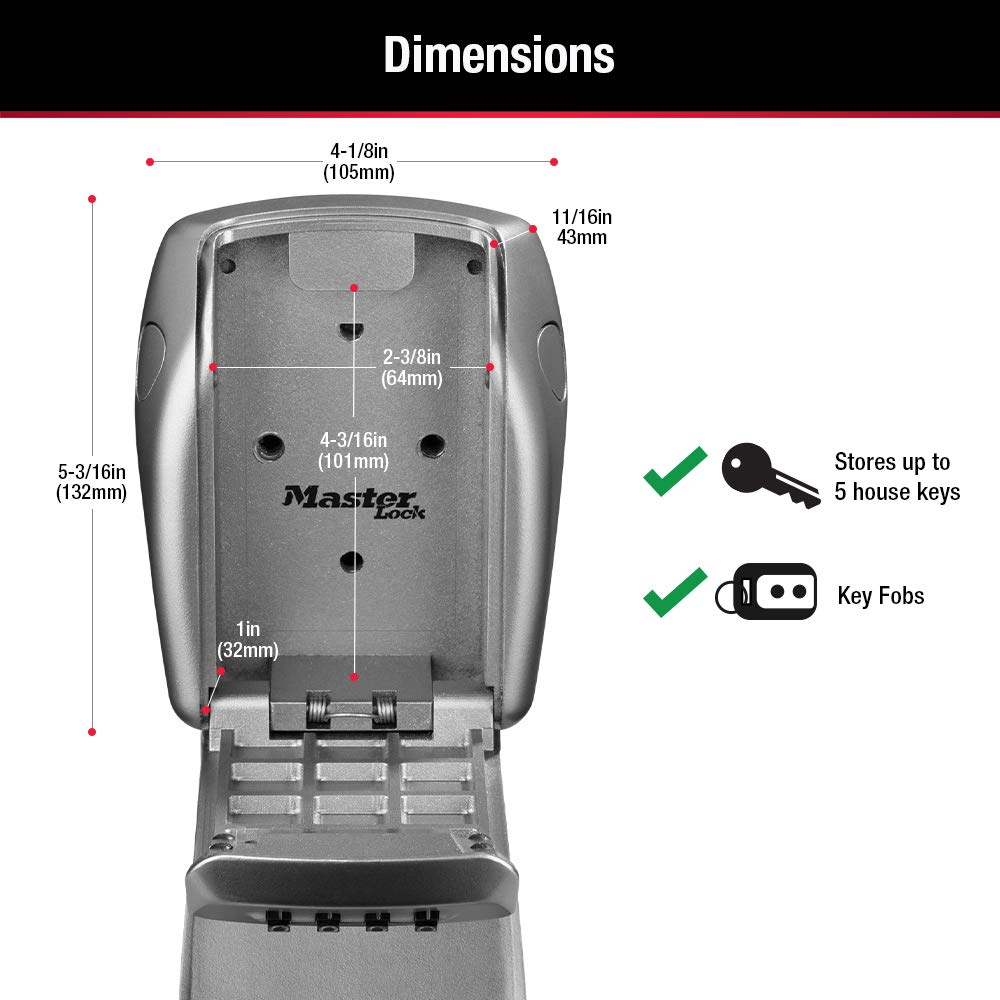 Master Lock Heavy Duty Wall Mount Key Box, Outdoor Mounted Lock Box for House Keys Safe with Combination Lock, 5 Key Capacity, Zinc, 5415D