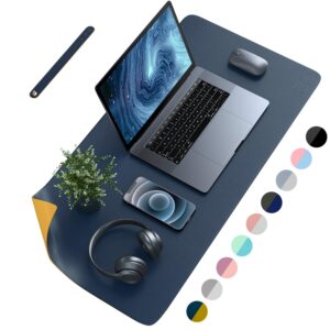 afritee desk pad protector mat - dual side pu leather desk mat large mouse pad waterproof desk organizers office home table decor gaming writing mat smooth (navy blue/yellow, 31.5" x 15.7")