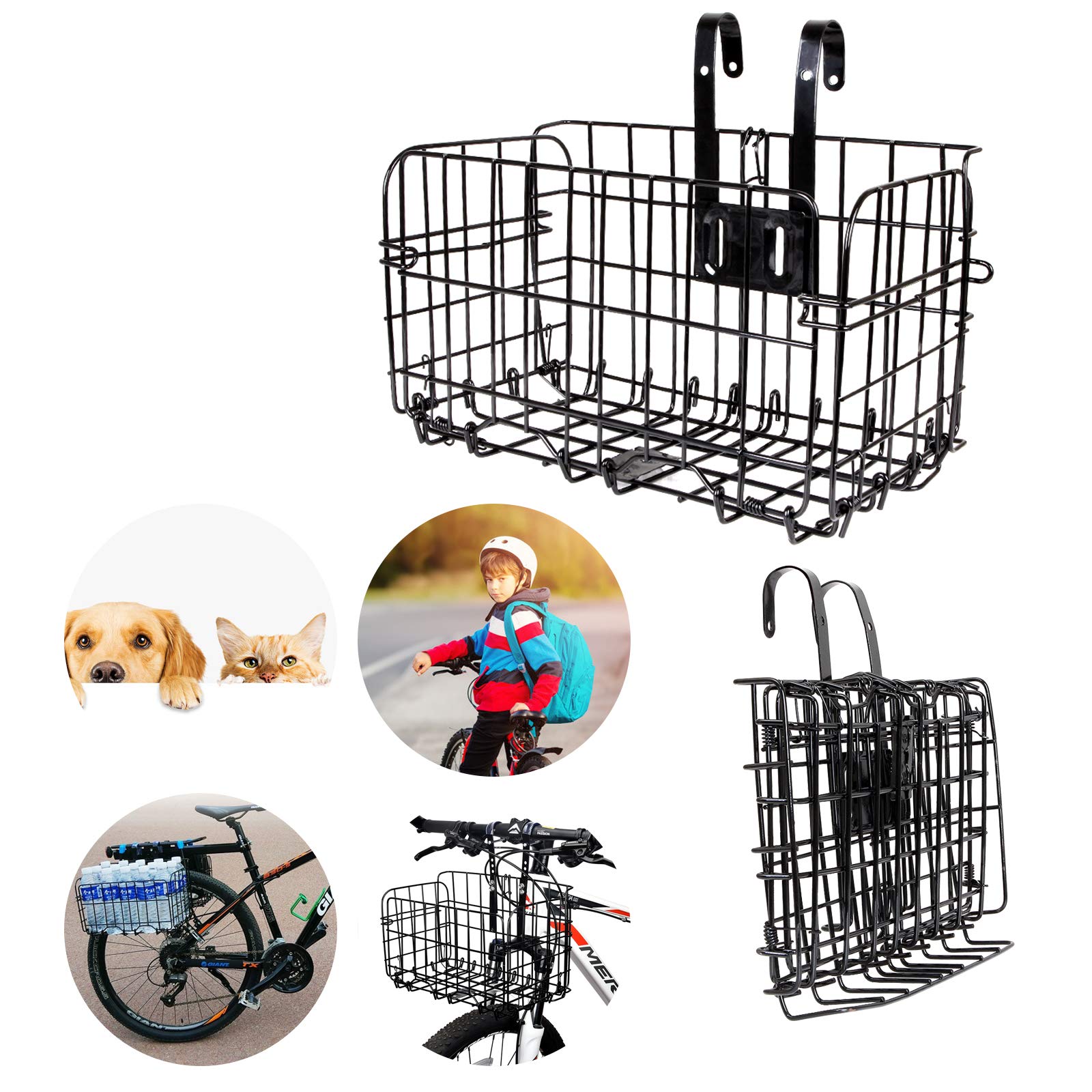 2 Pack Folding Rear Bike Basket Wire Mesh Bike Basket Rust Proof Detachable Folding Bicycle Baske Front Hanging Bike Basket Mountain Bike Frame Basket Fold-Up Bike Cargo Rack